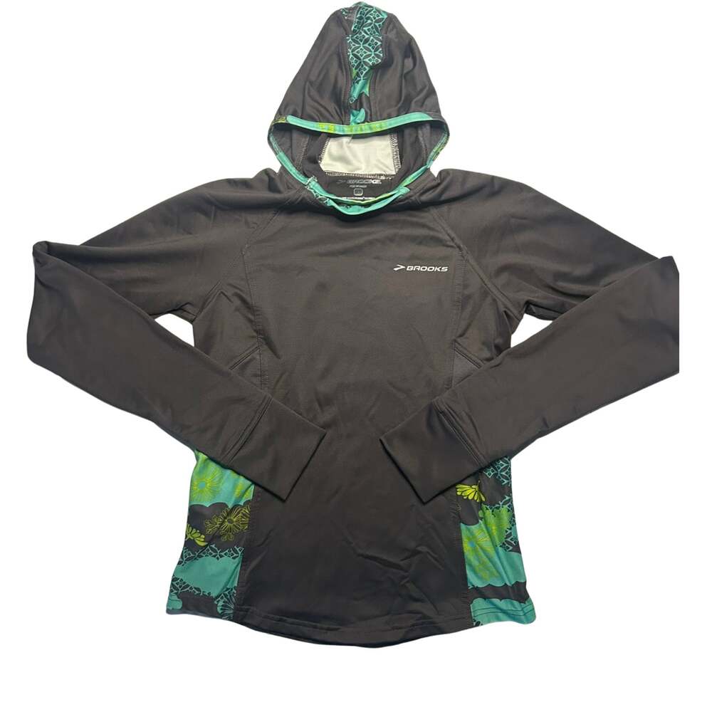 Brooks Nightlife Women's XS Hooded Running Shirt Gray Teal Floral Thumbholes